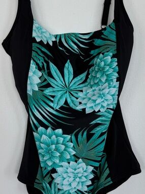 Gabar 1PC Chlorine Resistant Aqua Green/Black Fern/Dahlia Print Size 14